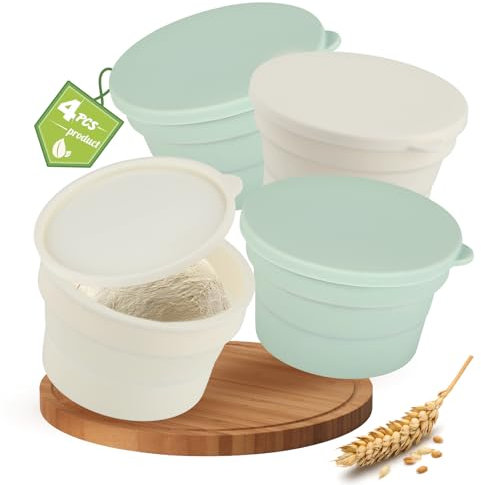 LIFEJXWEN Pizzaballenbox mit Deckel 4 Stück, 600ml Teigbox aus Antihaftendem Silikon, Faltbarer Pizzateig Box, Stapelbarer Gärbehälter für Pizzateig, 13cm Pizzateigbehälter für 250g Pizzateig(4pcs)