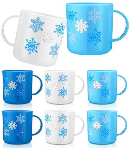 Willinglong 6 Pcs Plastic Winter Mugs Bulk 6 oz Winter Snowflake Hot Cocoa Mugs Blue and White Chocolate Mugs with Handle for Winter Party Gift Supplies