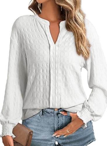 Dokotoo Ladies Tops Long Sleeve V Neck Spring Womens Tunic Top Loose Casual T-Shirts for Women Solid Color Shirt Textured Women's Blouses Shirts Fall White UK M