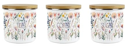 Purely Home Pastel Flowers Tea, Coffee & Sugar Storage Canisters Set - Watercolour Floral Homewares Gifts - Metal Enamel Medium Sized Kitchen Food/Drinks Storage Containers Pack of 3