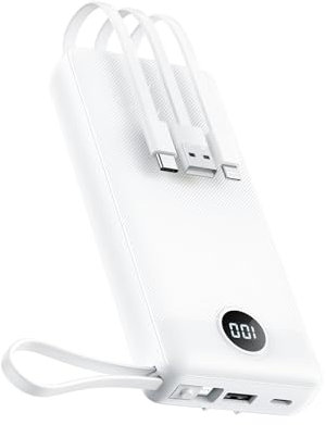 Power Bank 20000mAh con Cables Integrados, Bateria Externa Carga Rapida, VEEKTOMX Bateria Portatil Powerbank Viaje Cargador Portatil 5 Salidas y 2 Entradas Compatible con iPhone/Android... (Blanco)