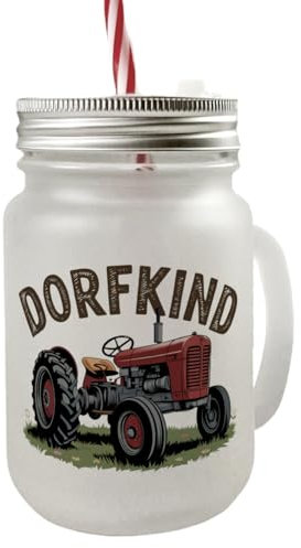 speecheese Roter Traktor Dorfkind Mason Jar Henkel Trinkglas mit Deckel Erlebe das Landleben im rustikalen Stil Roter Traktor mit großen Reifen und grüner Umgebung auf deinem Mason Jar