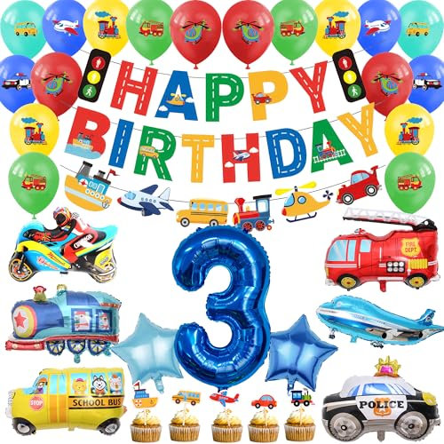 3. Geburtstag Junge Dekorationen - 29pcs Transport Party Dekoration einschließlich Happy Birthday Banner LKW Latex Ballon Autos Nummer 3 Folienballons für 3 Jahre alte Jungen Autos Party Supplies