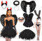 Deguisement Ange Femme,corset gothique et jupe en tulle,costume d'ange et d'aile de diable,serre-tête d'ange,cornes de diable,bas de dentelle,colliers et gants,pour Halloween Gras Party (Noir, L)