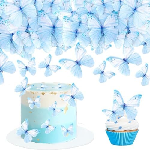 Blumomon 60Pcs Bleu Papillon Comestible Décoration de Cupcake Sélection Mariage Baby Shower Party Mariage Anniversaire Fête D’anniversaire Décoration de Cupcake