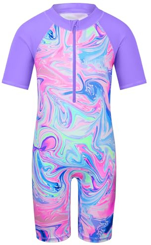 HUAANIUE Filles Maillot de Bain 1 Pièce 2-12 Ans, Anti-UV UPF 50+ Manches Courtes, Fermeture Éclair Frontale, Imprimés Colorés, Idéal pour Plage et Piscine (S431-Agate Violette, 4-5 Ans)