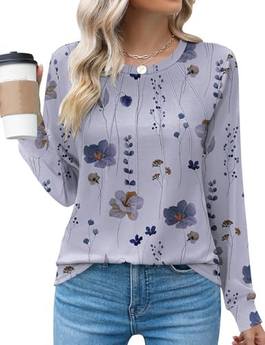 Rapbin Women's Casual Crew Neck T-Shirts Loose Long Sleeve Pleated Summer Tops Tunic Blouses,Grey,M