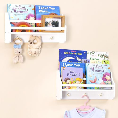 MOFASVIGI Nursery Bookshelf Set of 2 Baby Floating Shelves Book Shelf Organiser Wall Mounted Shelves Toy Hanging Organizer for Kids Nursery Decoration, 40 * 20 * 10CM (white)