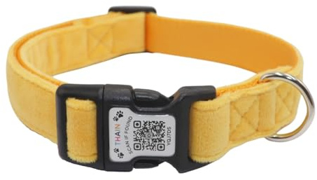 THAIN Smart QR-Code Hundehalsband, Nylon & Samt, Haustierhalsband mit einzigartiger ID-Registrierung, verstellbare Kunststoffschnalle für mittelgroße Hunde, Schwarz, Rot, Rosa, Gelb (Gelb, M)