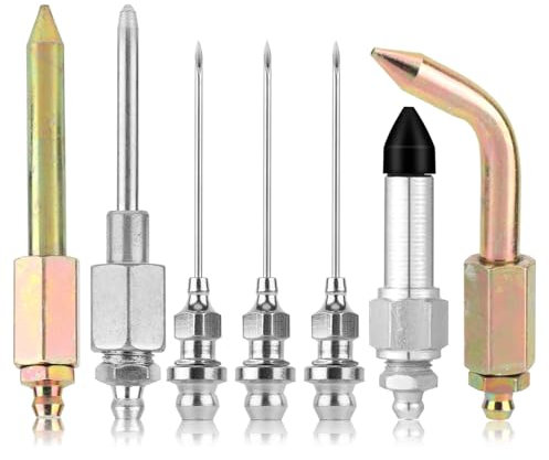 lasuroa 7pcs Grease Gun Accessory Kit, Carbon Steel Galvanized 3 Grease Gun Nozzle 1 Needle Dispenser & Rubber Joint Fitting 1 Bent & Straight Nipple Nozzles for Small Narrow Space Deep Hole