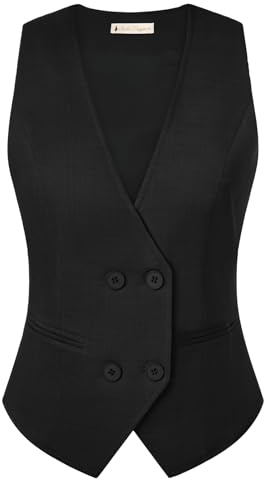 Belle Poque Weste Damen Ärmellos V‑Ausschnitt Arbeit Anzug Westen Taschen | Button Up, Doppelreihig, Teilweise gerafftes, Vollständig gefüttert, Taillenlasche am Rücken, Dressy Business Casual Blazer