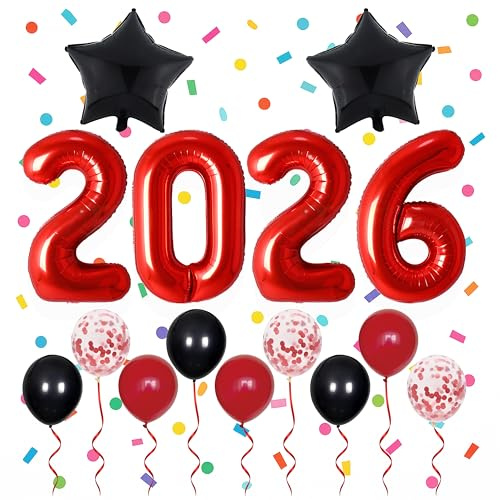 Silvester Deko Set 2026 XXL Folienballon Zahlen Rot Schwarz Stern Luftballons Happy New Year Party Zubehör Silvesterabend Ballon Girlande Neujahr Feier Dekoration Jahreswechsel Luftballonset