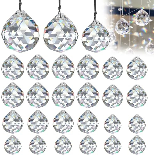 24 Piezas Atrapasoles Transparentes 20&24&29mm Atrapasoles Cristal Colgante | Atrapasol Cristal con Reflejos Arcoíris, Bola Prisma Reutilizable,Prisma de Cristal con Orificio para Colgar,DIY y Decoración
