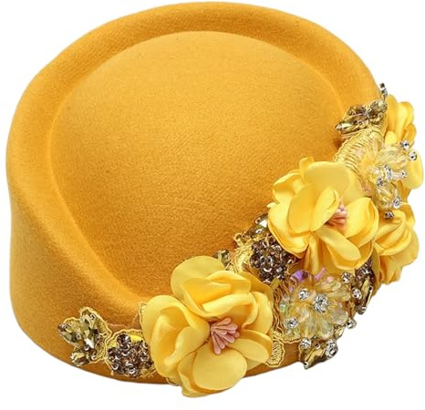 Linyuir Vintagefrau Bonnet Beret Kirche Cocktailabend Für Damen Retrohut Fascinator Bibi Kappe Weich Mit Blumen Dekoration Gelb Einheitsgröße