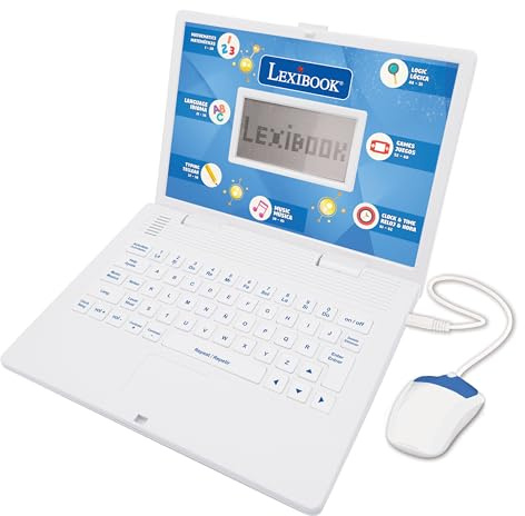 Lexibook Pädagogisches und zweisprachiges Notebook Spanisch/Englisch – Kinderspielzeug mit 124 Aktivitäten zum Lernen von Mathematik, Dattelologie, Logik, Uhren, Spielen und Musik – JC598i2LXB