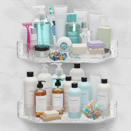 Tsudoku Clear Corner Shower Plastic Triangle Shelf, 2 Shelves | No Drill & Drill Installation, Bathroom Shelves, Wall Mounted