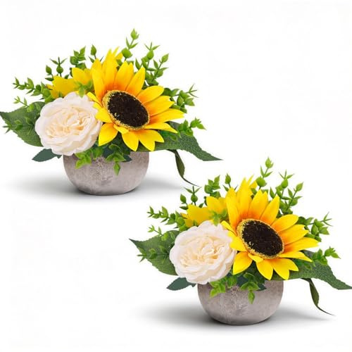 Fairblo 2Pcs Artificial Sunflowers Peonies Potted Small Artificial Flowers in Pots Yellow Fake Sunflowers Faux Silk Peony Flowers for Spring Home Room Kitchen Bathroom Office Garden Wedding Decor
