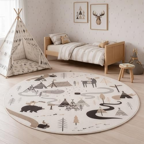SIMPEX Kinderteppich Wald Tiere Spielteppich rund 120 cm für Kinderzimmer in Creme mit Tier Motiv ideal für kleine Spielecken