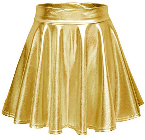 Damen Glänzend Höhe Taille Liquid Mini Rock Metallisch Elastische Taille A-Linien Pull On Skater Röcke (S, Gold)