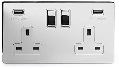 Polished Chrome Socket with Insert and Screwless Panel (White Insert, 2 Gang USB Double Plug Socket)
