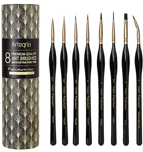 ARTEGRIA Detail Paint Brush Set - 8 Miniature Paint Brushes with Extra Fine Tips, Ergonomic Handle, Angled Spotter for Small Scale Model Art and Paint by Numbers for Adults - Acrylic Watercolor Oil