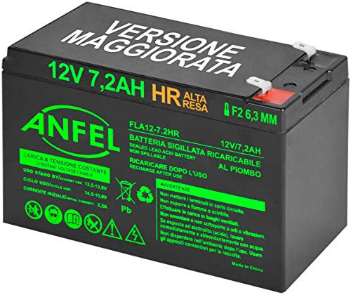 Batteria Ermetica al Piombo 7Ah 7,2 AH HR Alta RESA, per ups, Video Sorveglianza e Sistemi di Allarme. 12 V, Attacco Faston 6.3 mm, Versione HR 2,3 kg