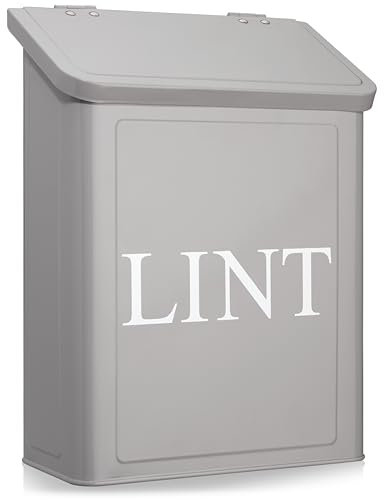 Calindiana Modern Farmhouse Metal Magnetic Lint Bin for Laundry Room Decor and Accessories with Lid and Laundry Room Organization and Storage Wall Mount Space Saving Washer and Dryer Trash Can, Grey