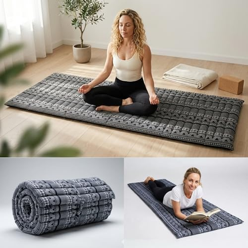Leewadee Rollable Floor Mat M – Comfortable and Rollable Thai Mattress, Soft Massage Mat Filled with Eco-Friendly Kapok, 190 x 70 cm, black white