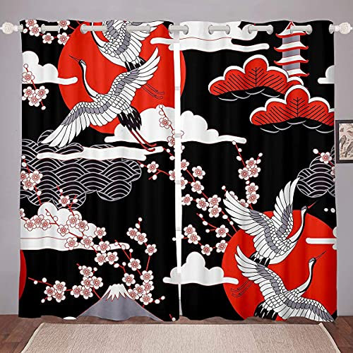Loussiesd Japanese Style Curtains Crane Curtains Cherry Blossom Window Curtains Japanese Traditional Ukiyoe Theme Window Curtains, Bedroom Kitchen Curtains,W46*L54