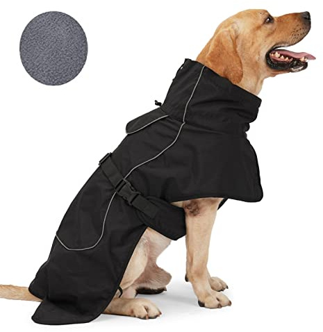 Barkworthies Hunderegenmantel - wasserdichte Winterjacke mit Samtinnenseite, Reflexstreifen, Schwarz, XL
