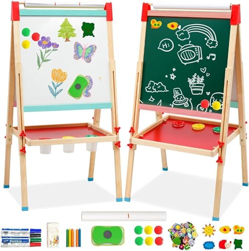 Chevalet double face en bois pour enfant - Tableau noir en bois - Hauteur réglable - Avec rouleau en papier et plateau de rangement