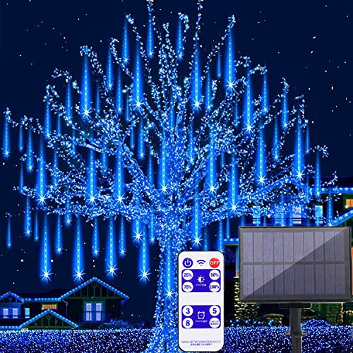 SUAVER 8 Tubes 192LED Solar Lichterkette Aussen Solar Deko Meteorschauer Regen Lichter Mit Fernbedienung Timer Wasserdichte Weihnachtsbaumbeleuchtung for Xmas Holiday Tree Garden Deko (Blau)