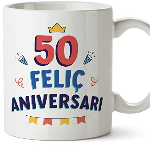 MUGFFINS Tazas 50 Cumpleaños - En Catalán - Feliç Aniversari! - 11 oz / 330 ml - Regalo original y divertido