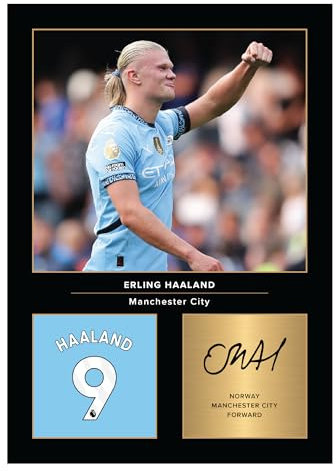 Icons Wall Art – Erling Haaland Manchester City A4 Printed Photo Display – Digitally Reproduced Signature – Football/Soccer Fan Gift – Unframed Man City Memorabilia Poster