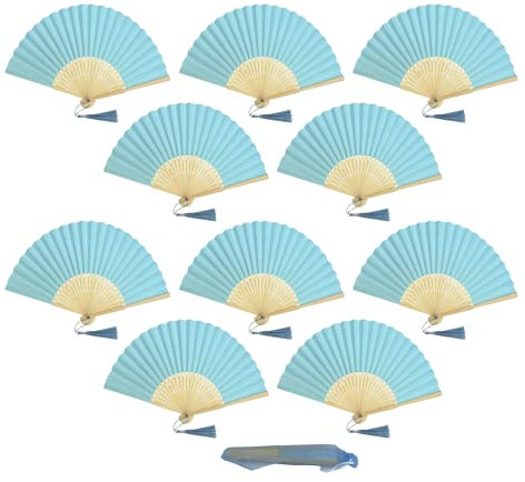 Pack of 10 Paper Handheld Folding Fan with a Tassel and Grade A Bamboo Ribs for Women Girls Summer Party Favour Birthday Wedding Gift (Baby Blue)