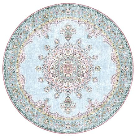 Vintage Teppich Rund - Lily Medaillon Hellblau Türkis - Ø 280cm | Polyester - Printed - Medallion - Classic - Living room