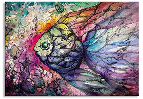 Pixxprint Glasbild, Wandbild aus Echtglas, Bunte Fische Kunst, 100x70 cm, inkl. Aufhängung und Abstandshalter