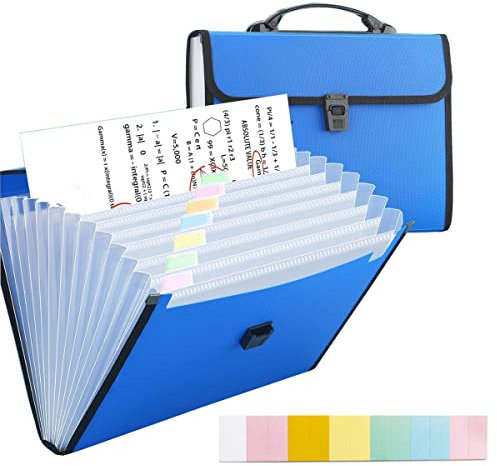 13 Fächer A4 Dokumentenmappe mit Griff, Kunststoff Fächermappe für Büro, Schule, Zuhause, mit Etiketteneinschüben – Blau