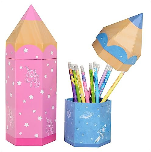 com-four® 2X Geschenktasche, Geschenkverpackung für Schulanfänger, Schultüte in Bleistift-Form, stabile Pappbox für Schulmaterialien zur Einschulung (2 Stück - blau + pink)