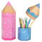 com-four® 2X Geschenktasche, Geschenkverpackung für Schulanfänger, Schultüte in Bleistift-Form, stabile Pappbox für Schulmaterialien zur Einschulung (2 Stück - blau + pink)