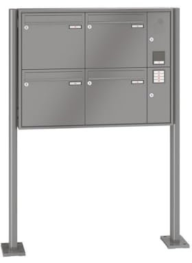 RENZ/Quadra / 4er Freistehende Briefkastenanlage Standbriefkasten mit Sprechfeld/RAL-Farbe 9007 Volumen 1/mit Fußplatten/Dein-Briefkasten.de