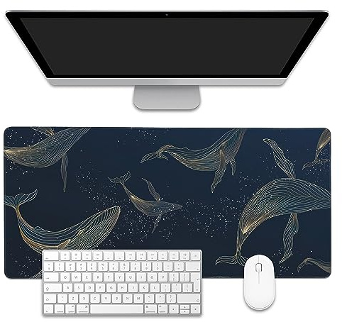 EOBKLAX Whales in Gold Line Schreibtischunterlage, großes Gaming-Mauspad, rutschfeste Gummiunterseite, Schreibtischunterlage mit genähten Kanten für Schreibtisch, Büro, Heimdekoration, 90 x 40 cm