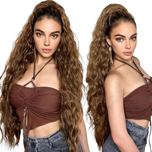 PORSMEER Pferdeschwanz Haarteil Lang 75 cm mit Kordelzug Wellig Locken Ponytail Extension Ingwer braun Natürliches Clip in Haarteil Ponytail Haarzopf für Damen Afro Zopf Haarverlängerunge