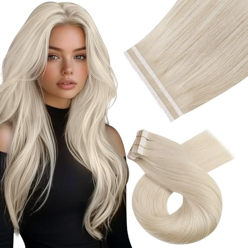 Moresoo Extensions Echthaar Tape in Extensions Echthaar Blond Gesträhnt Remy 45cm Haarverlängerung Echthaar Tapes Platinblond Extensions Glatt 10 Stück 25 Gramm #60
