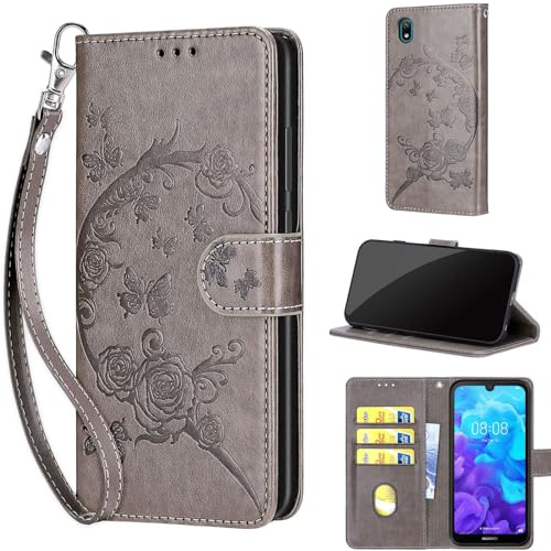 TOMYOU Handyhülle für Huawei Y5 (2019) / Honor 8s Hülle, Grau | Stoßfeste Flip Schutzhülle, Kartenfächer, Standfunktion,Magnetisch, Kunstleder, Klappbar Brieftasche