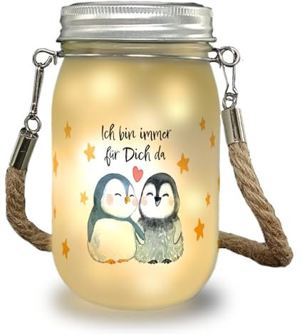 speecheese Pinguin Pärchen Solarlicht mit Spruch Ich bin immer für dich da ein niedliches Dekolicht für die Terrasse Frauen Dekolampe Einmachglas Freundschaft