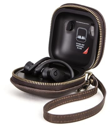 CONTACT'S FAMILY Custodia protettiva per Beats Powerbeats Pro, custodia portatile in vera pelle compatibile con Beats Powerbeats Pro con cinturino da polso e gancio per le chiavi (caffè)
