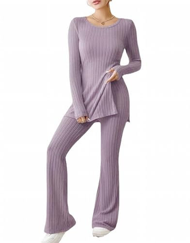 MSIYOW Tuta Donna Maglia e Pantaloni Completo Elegante Set di 2 Pezzi Maglioni Calda Maniche Lunghe Autunno Invernale (XL, C Viola chiaro)