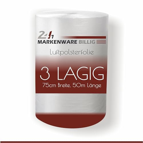 MARKENWARE BILLIG - Luftpolsterfolie 3 lagig, Verpackungsfolie 3-lagig, Luftpolster Rolle Blisterfolie Noppenfolie Polsterfolie Umzug 1m Knallfolie Polstermaterial Transparent (75cm x 50m)