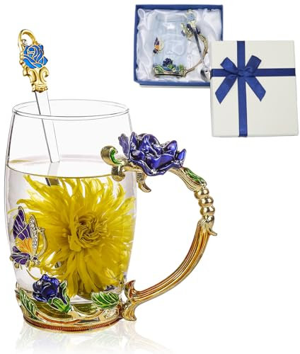 Flower Tea Cup ,Butterfly Rose Clear Glass Fancy Coffee Mug with Spoon,Gift Box for Her Mom Wife Grandma Girls Friends Valentines Christmas Birthday Present Idea for Juice,Hot And Cold Drinks Use